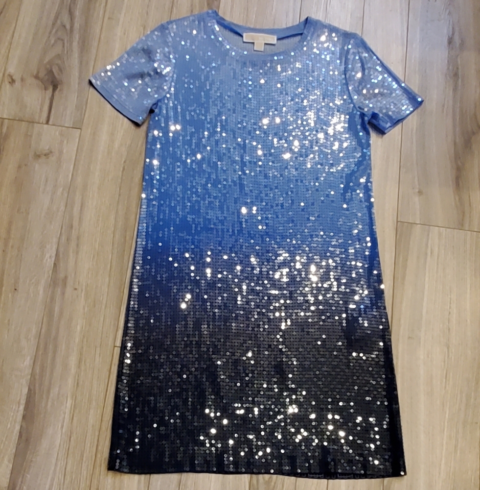 Michael Kors Ombre Blue Sequin Party Mini Shirt Dress, Sz XS, NWOT